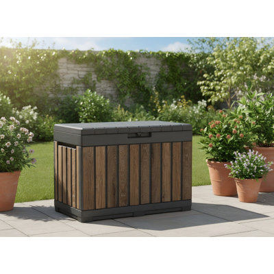 50 Gallon Walnut Wood Look Resin Outdoor Storage Box, Weather Resistant Patio Deck Box For Cushions, Pillows And Garden Tools