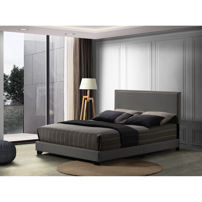 Gray Fabric Queen Bed With Nailhead Trim Accent, Fully Upholstered, Wood Leg, 4 Slats Box Spring Required, 660Lbs Weight Capacity, 6" Floor , 86.03 In Depth, 64.77 Width, 42.58 Height Upholstered