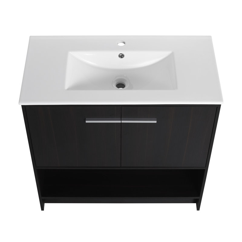 Meuble-lavabo 36 po avec lavabo en céramique, 2 portes à fermeture douce, meuble-lavabo autoportant, contreplaqué, 36"