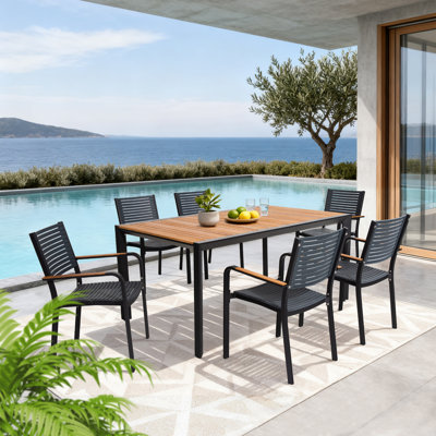 Patio Aluminum / Teak Wood 6 Person Dining Set With Umbrella Hole