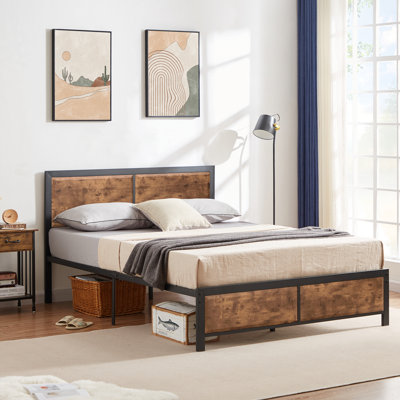 Kempst 3 Piece Queen Size Bedroom Set, Modern Wood Platform Bed Frame and Nightstand Set, Farmhouse Industrial Bedroom Furniture Set in Brown, No Box Spring Needed