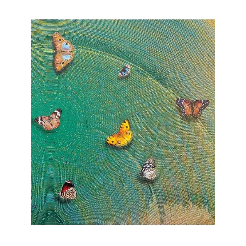 «Happy Vibration», peinture acrylique par Ghanshyam Gupta, art abstrait contemporain sur toile 35 po x 57 po avec papillons éclatants et motifs concentriques pour la décoration intérieure