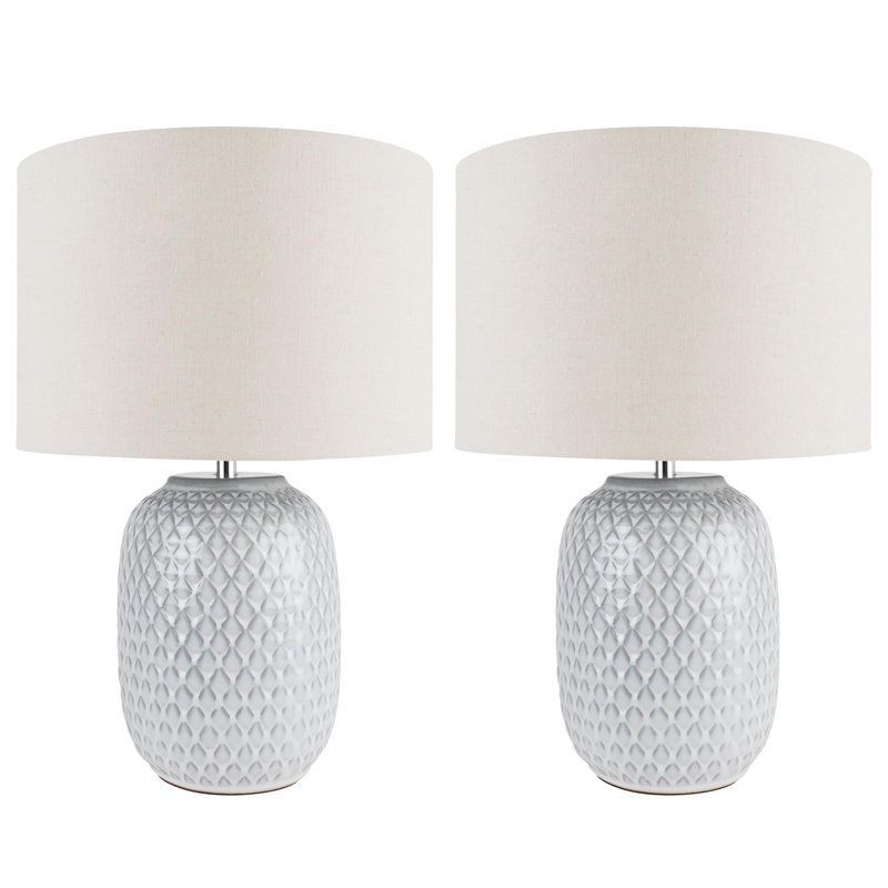 Set Of 2 Reactive Glazed Textured Grey Ceramic Table Light With Natural Linen Cylinder Fabric Shade