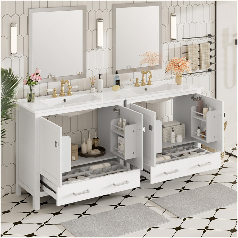 Meuble-lavabo blanc 72 po avec lavabo en céramique, portes à fermeture en douceur, tablettes de rangement doubles et tiroir divisé - Armoire de salle de bain moderne avec beaucoup de rangement