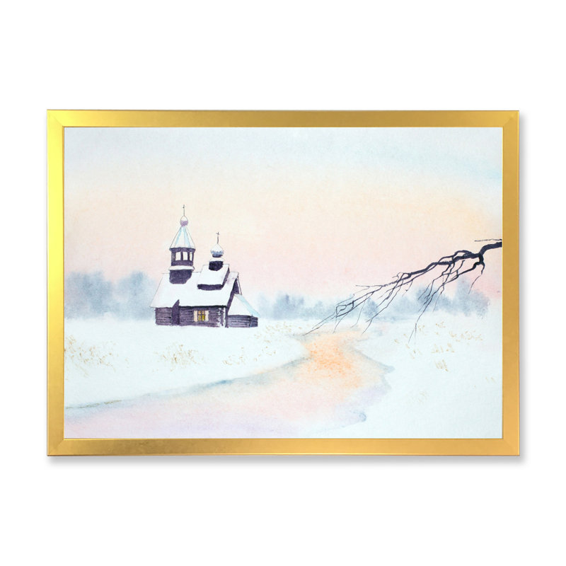 Paysage d'hiver avec rivière et église en bois - Peinture sur toile, H 30 po x l 40 po, Cadre doré à coins fermés