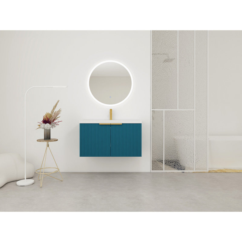 Meuble-lavabo mural 36 po avec lavabo et 2 portes à fermeture en douceur, Bleu lac