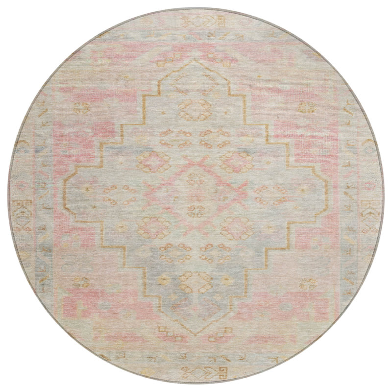 Tapis intérieur / extérieur rose lavable à la machine Xhevrie, Rond 8 pi
