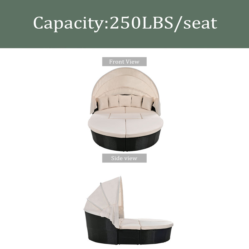 Lit de jour d'extérieur en rotin avec lit escamotable avec auvent rétractable, Beige, Noir