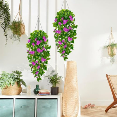 Artificial Hanging Flowers For Outdoors, 2Pcs Fake Hanging Plants Pothos Vines With Purple Flowers For Wall Home Living Room Indoor Outdoor Decor (No Baskets)
