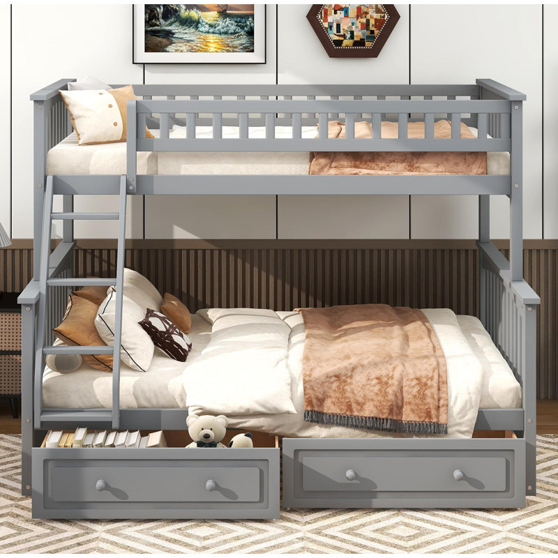 Lit simple superposé au dessus d'un lit double avec tiroirs, lits convertibles, Gris
