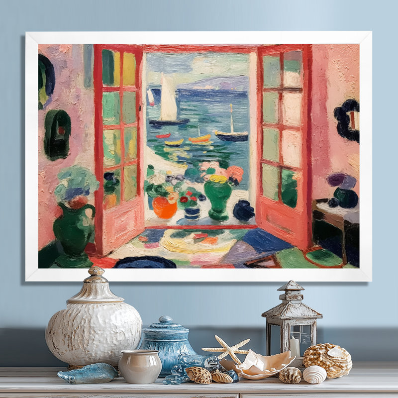 «Italian Summer Window Scenery - Coastal Windows», reproduction d'art sur toile rose, H 30 po x l 40 po, Avec cadre, Blanc