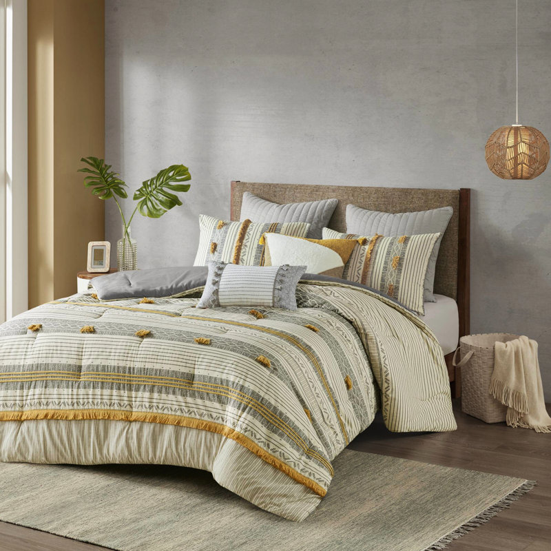 Lit double / grand en coton gris / jaune, édredon à rayures avec intérieur, rembourrage 3 pièces inhabituel, attrayant
