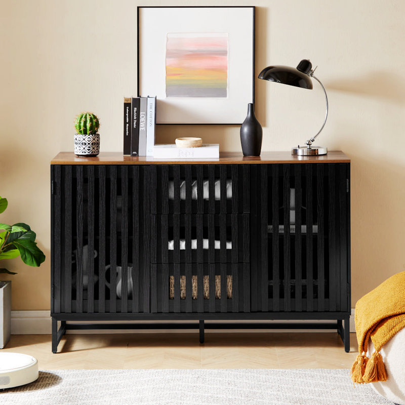 Armoire d'appoint avec 3 tiroirs, 4 tablettes et pieds en métal