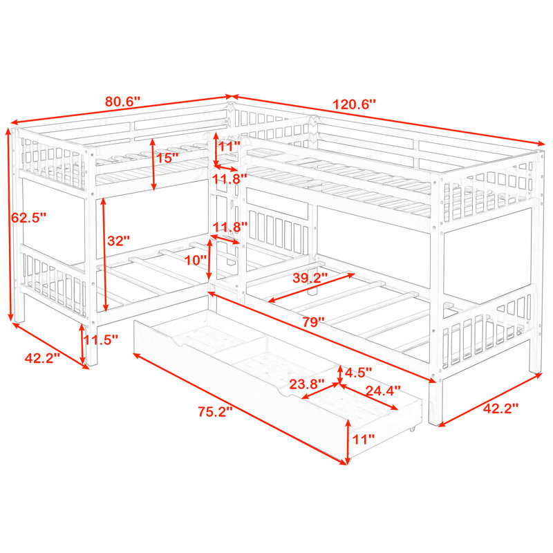 Dissie Kids Twin Over Twin Bunk Bed with Drawers, White