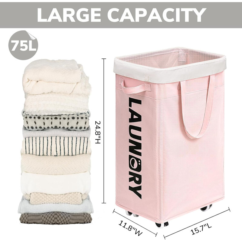 Laundry Basket With Wheels, 2-Pack Rolling Laundry Hamper With Removable Wash Bags, Collapsible Laundry Basket For Home, Dorm, Or Apartment