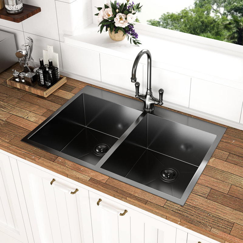 Double Bowl Kitchen Sink - 33X22 Gunmetal Black, 18 Gauge Stainless Steel, Basin In Stain