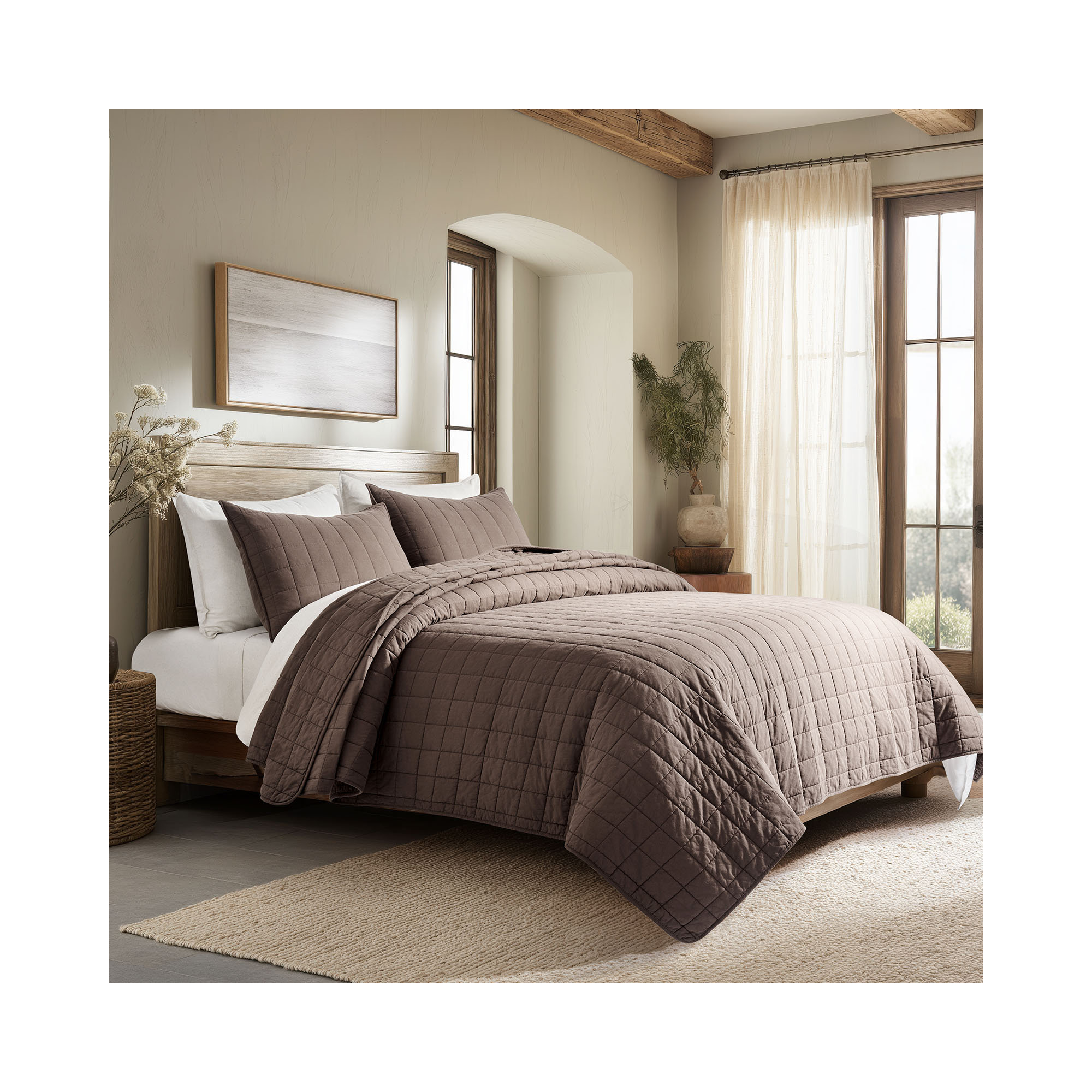 100% Cotton Box Stitch Quilt Set, Cocoa Brown, King Quilt + 2 King Shams