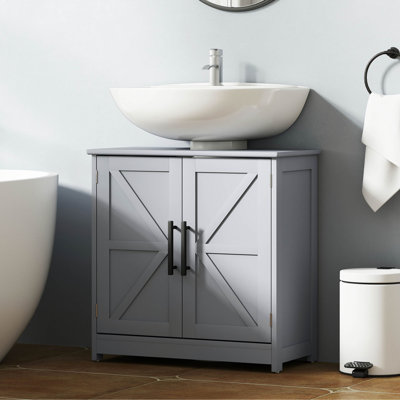 Armoire de rangement à piédestal, lavabo de salle de bain avec 2 portes de grange et tablette réglable (sans lavabo)
