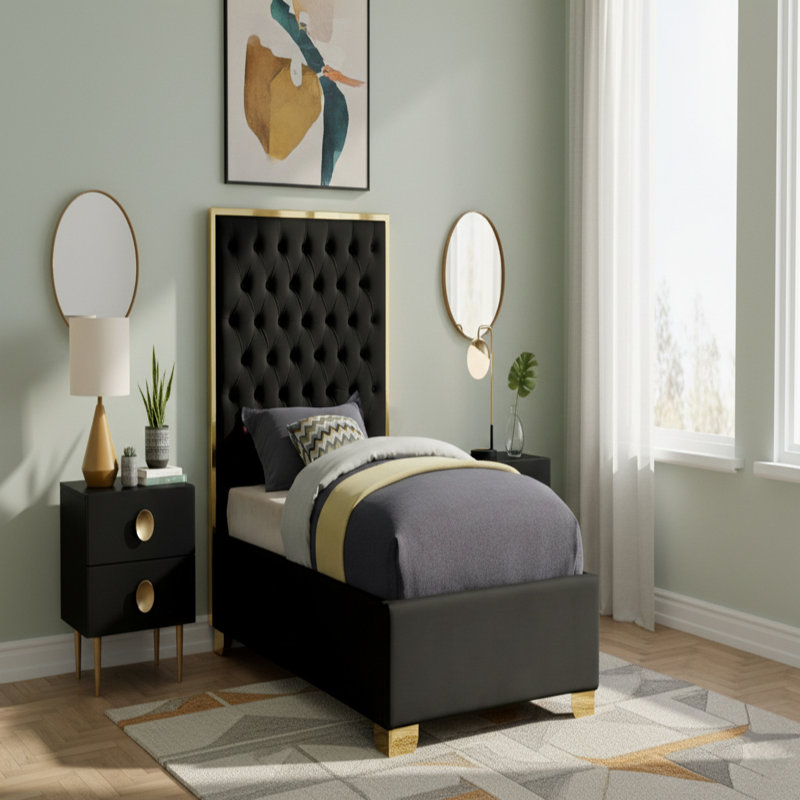 Spadaro Upholstered Platform Bed, Black Velvet, Gold, Twin