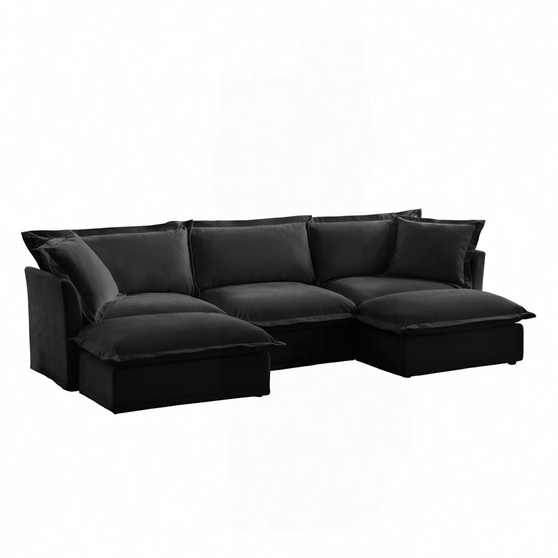 Evelyn U-Shaped Sectional Sofa with 2 Ottomans, 34.6" H x 120" W x 55" D,,  Black Chenille