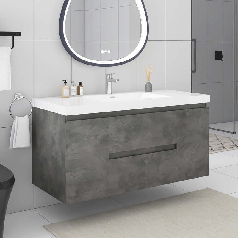 Ensemble de meuble-lavabo mural 48 po avec plateau intégré en résine, Gris pierre