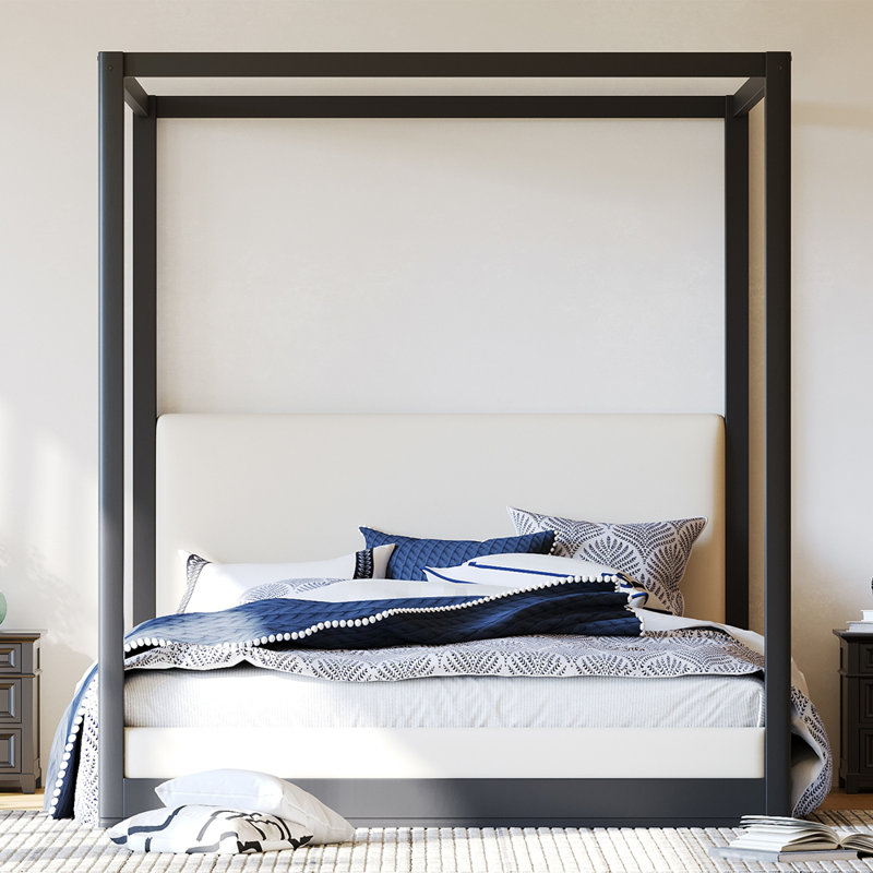 Lit plateforme à baldaquin en bois avec tête de lit tapissier, Grand lit, Noir