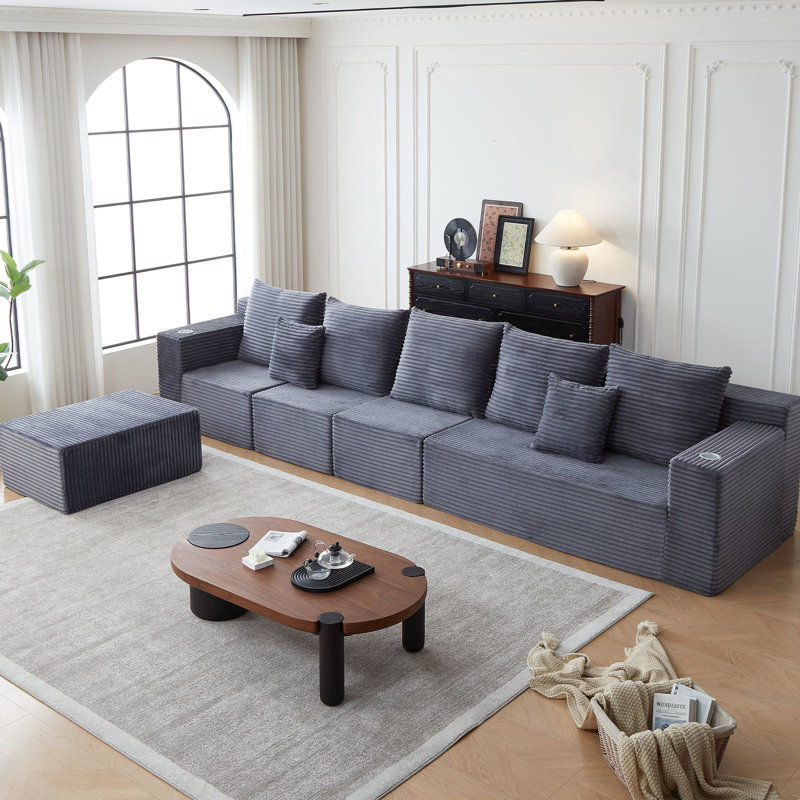 Canapé profond en nuage de velours côtelé 6 places, modulaire avec porte-gobelets, gris, moderne, sans assemblage, confortable pour les films et les dimanches paresseux idéaux