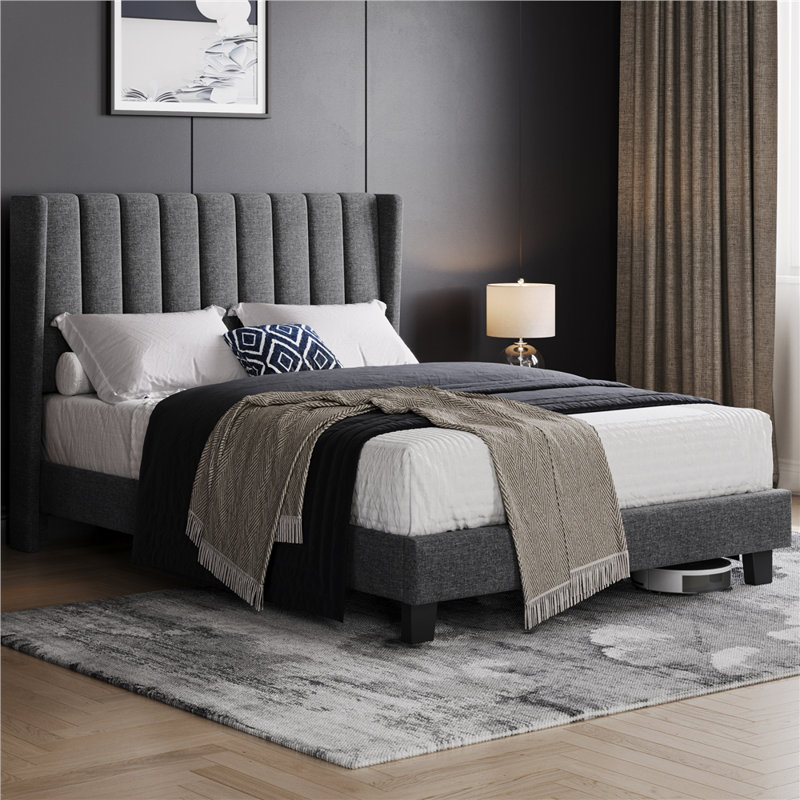 Upholstered Bed Frame with Channel Tufted Headboard, Double (4'6), Dark Grey