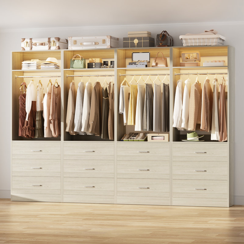 Système de placard autoportant 96 po avec 12 tiroirs en bois, Bois blanc