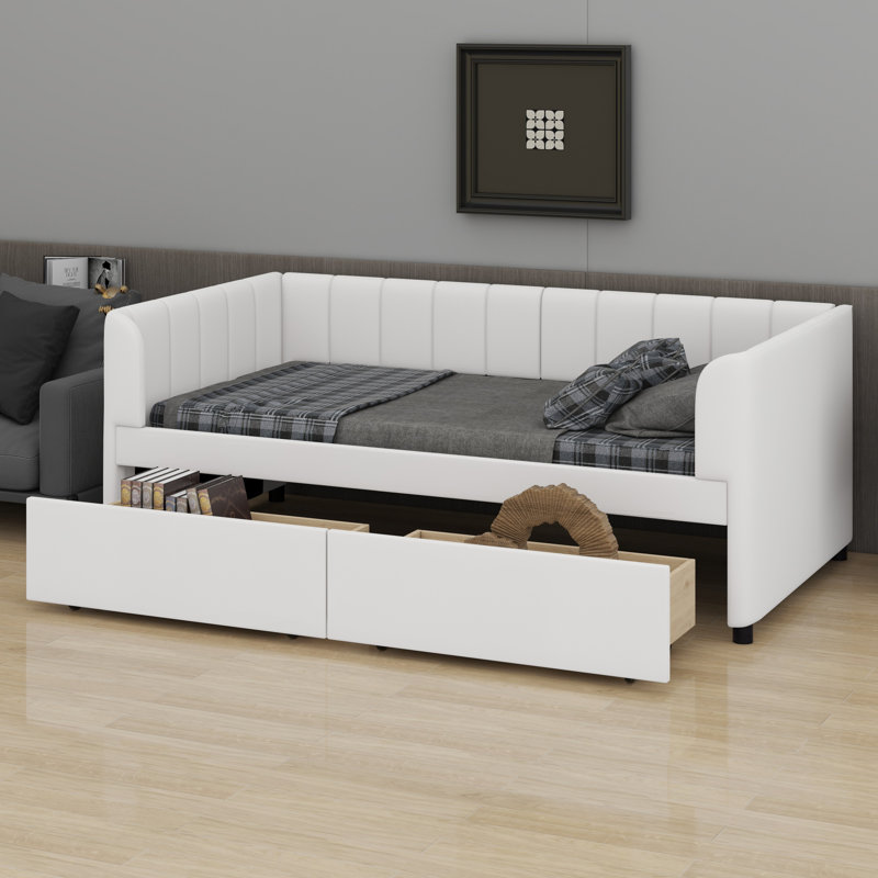 Upholstered Daybed With Ergonomic Design Backrest And 2 Drawers, Beige
