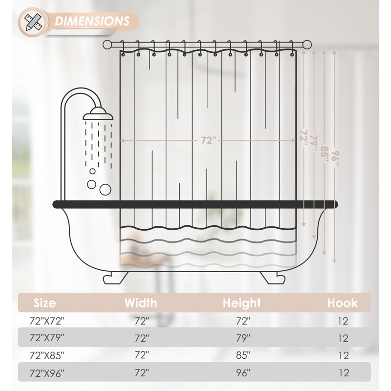 Rideau de douche de couleur unie avec 12 crochets en acier inoxydable inclus, H 79 po x l 72 po, Rose