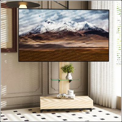 Meuble télé avec tiroir à tirer pour le salon, la chambre à coucher, les bureaux, le chariot télé mobile à hauteur réglable pour 32 à 75 pouces, meuble télé en bois et verre avec roulettes, naturel