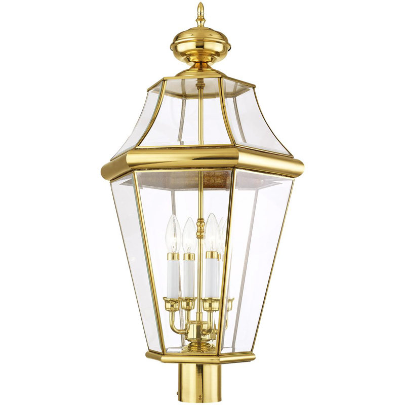 Polished Brass Outdoor Post Lantern with Clear Glass Shade - 4 Light Fixture