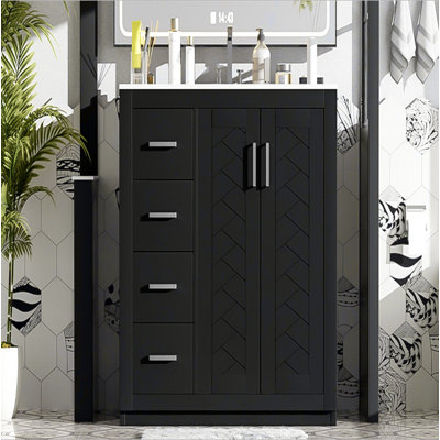 Ensemble de meuble-lavabo 36 po avec lavabo en céramique, armoire de rangement en bois massif, ensemble de meuble-lavabo autoportant avec 3 tiroirs et portes à fermeture douce