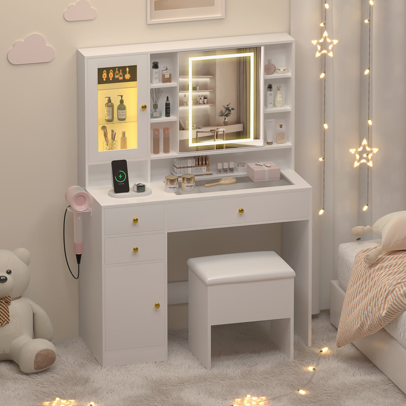 Kadraya Vanity Set with Adjustable LED Mirror, Charging Station & Storage Stool