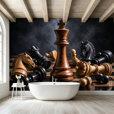 Peel and Stick Wallpaper Wall Mural Black White King Knight chess setup dark Wall Art Self Adhesive and Removable
