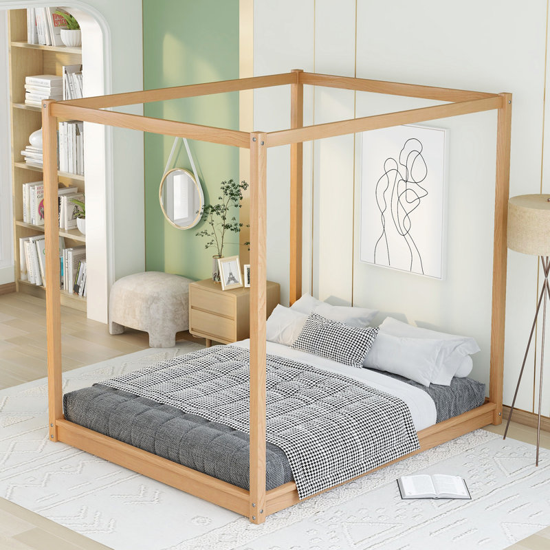 Grand lit plateforme à baldaquin avec pieds de soutien - Base de lit moderne en bois de pin naturel