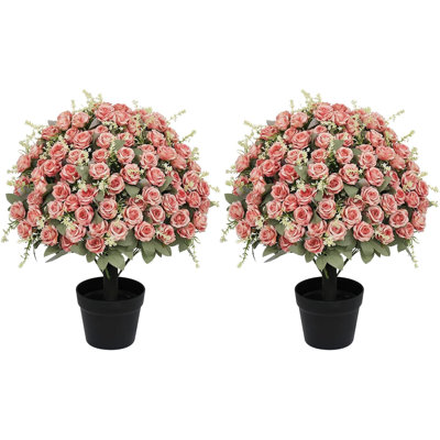 24" Artificial Potted Flowers, UV Resistant Faux Roses for Outdoors | Set of 2 Realistic Fake Plastic Flowers with Cement Pots, Look Real Silk Plants for Front Porch Planter Entryway Indoor Decor