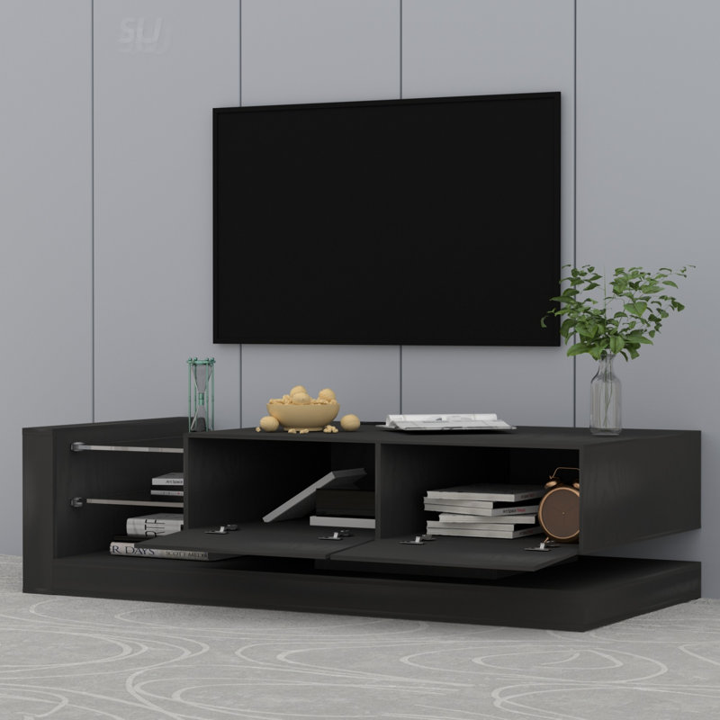 Console télé avec armoires de rangement, meuble télé à DEL 16 lumières changeantes, Noir