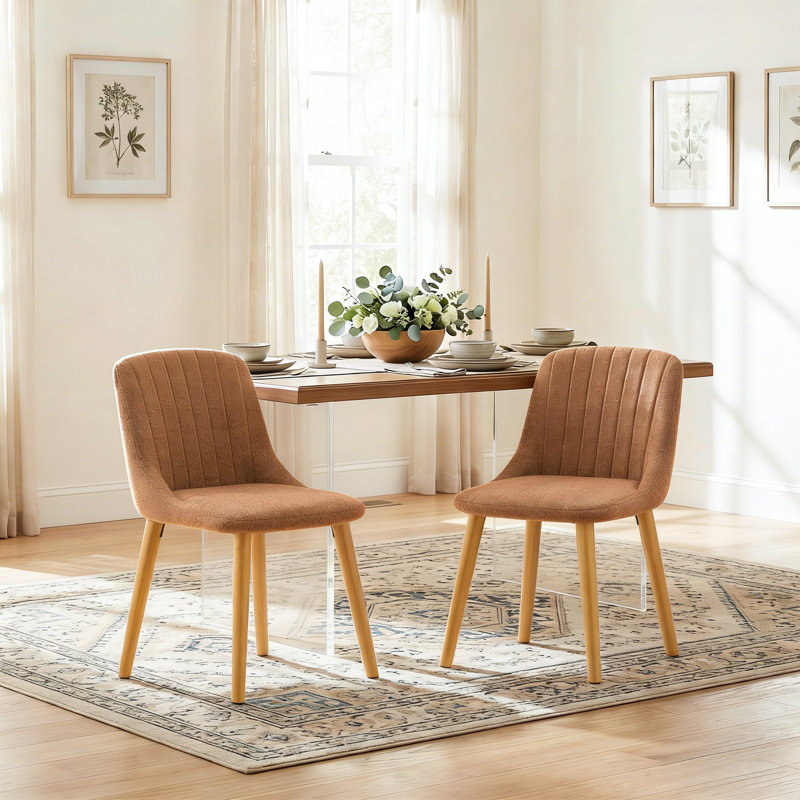 48.5cm H Upholstered Dining Chairs With Wooden Legs, 2, Camel Chenille/Natural