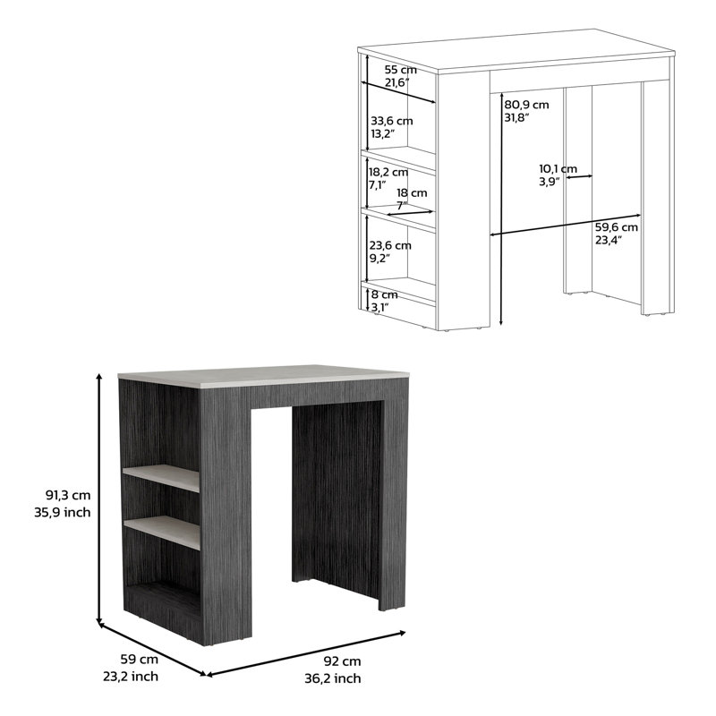 Îlot de cuisine, table de bar de cuisine H 36 po, 3 tablettes latérales, Gris