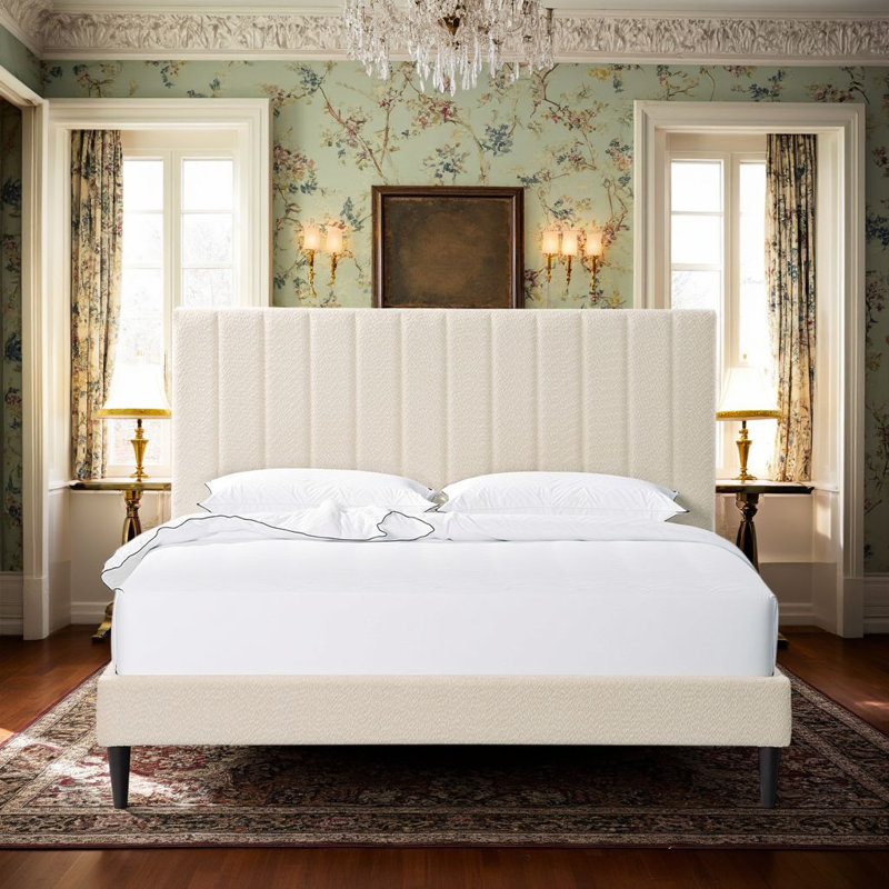 Contemporary Design Tufted Upholstered Platform Bed with Boucle Fabric Headboard, Noise Reduction, Cream White, Cream