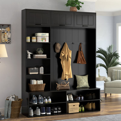 Arbre d'entrée de style campagnard de 76,9 po H VIBE avec banc et rangement pour chaussures, banc d'entrée 5 en 1 avec portemanteau, armoire de rangement moderne avec 4 crochets pour le couloir, l'entrée et le salon