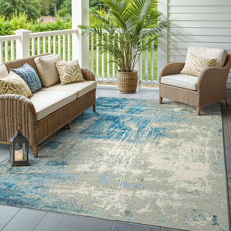 Arjay Distressed Glacial Abstract Beige/ Blue Indoor-Outdoor Rug, Rectangle 6'7" x 9'4"
