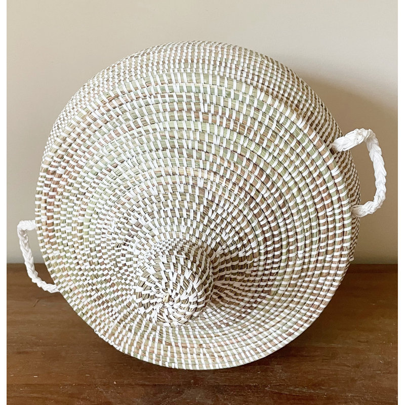 African Large Handmade Woven Storage Laundry Basket/Hamper, 24" Tall/14" Diameter, White