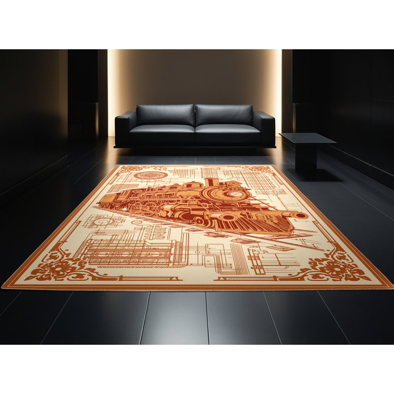 Tapis moelleux moelleux traditionnel à motif de machine à vapeur à aspect rétro - beige, 7x10