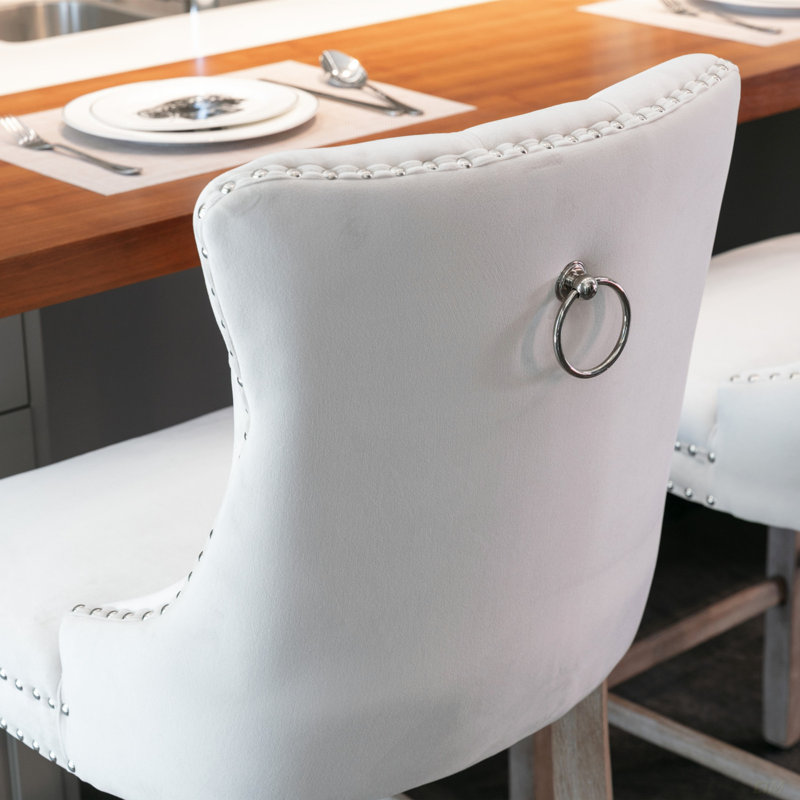 Contemporary Velvet Upholstered Barstools With Button Tufted Decoration And Wooden Legs, And Chrome Nailhead Trim, Leisure Style Bar Chairs,Bar Stools, Set Of 2 (Beige),SW2002BG(Dining Set)