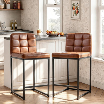 Set of 6 Faux Leather Counter Height Bar Stools, Armless Upholstered Chairs with Grid Backrest, Sturdy Metal Frame for Kitchen Island