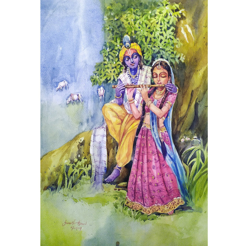 Radha Playing Flute | Watercolor On Paper | By Sarat Shaw
