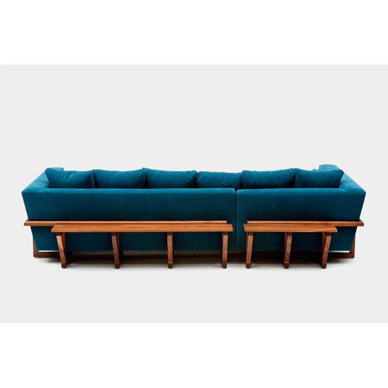 LRG Upholstered L-Shaped Sectional Left Hand Facing, Peacock, Back Side Tray, Solid Walnut